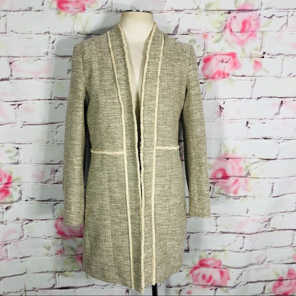 H&M cream tweed lightweight long open jacket